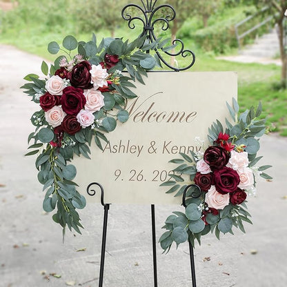 ponatia Wedding Arch Flowers (Pack of 2), Artificial Burgundy Wedding Flowers for Wedding Welcome Signs Decorations and Arch Flower for Wedding Ceremony Reception (Burgundy & Blush)