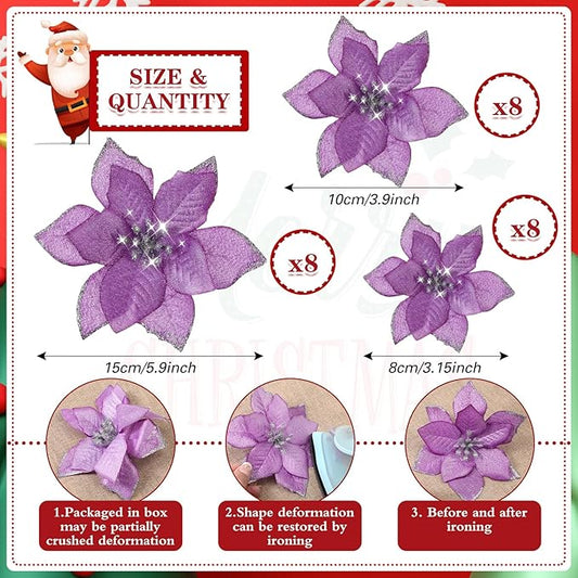WILLBOND 24 Pcs 3 Size Poinsettia Flower Artificial Christmas Decor Glitter Poinsettia Christmas Ornaments Faux Flowers for Xmas Tree Outdoor(3.2/4/6 Inches,Purple)