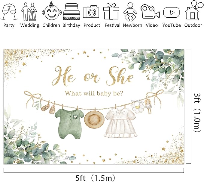Riyidecor Sage Green Gender Reveal Backdrop Polyester Fabric He or She What Will Baby Be 5Wx3H Feet Boho Eucalyptus Watercolor Leaves Gold Dots Photography Background Baby Shower Photo Studio Shoot