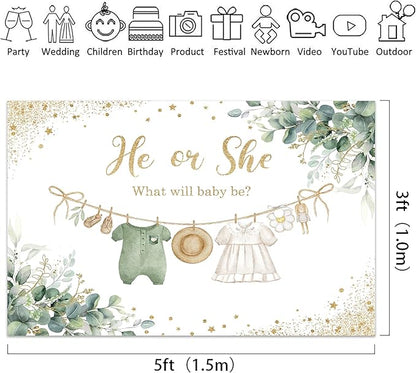 Riyidecor Sage Green Gender Reveal Backdrop Polyester Fabric He or She What Will Baby Be 5Wx3H Feet Boho Eucalyptus Watercolor Leaves Gold Dots Photography Background Baby Shower Photo Studio Shoot