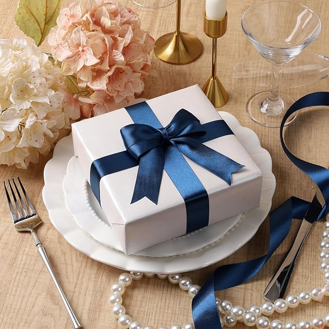 LaRibbons Navy Satin Ribbon 1 Inch 25 Yards Luxury Double Faced Blue Silk Ribbon for Flower Bouquet Crafts Gift Wrapping Wedding Party Graduation Decoration