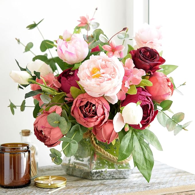 FiveSeasonStuff Vintage Artificial Peonies Silk Flowers and Hydrangeas for Wedding Bridal Home Décor – Beautiful Floral Centerpiece Arrangement Decoration with 2 Bouquets (Country Barn Red)