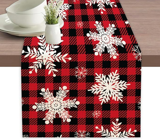 Christmas Red Plaid Snowflake Table Runners 70 inches Long Table Runner Elegant Linen Dresser Scarfs Farmhouse Tablerunner for Wedding/Coffee/Dining Table/Party Home Decor