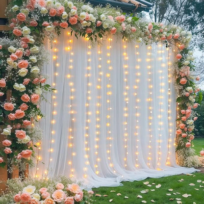 30×10ft White Tulle Backdrop Curtain with Lights String for Parties, Sheer Photo Backdrop Curtains for Wedding Party Photography Background