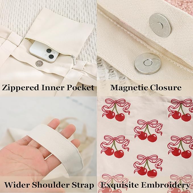 Aesthetic Embroidery Tote Bag for Lady Cute Reusable Canvas Shoulder Bag for Girls Women Shopping Grocery