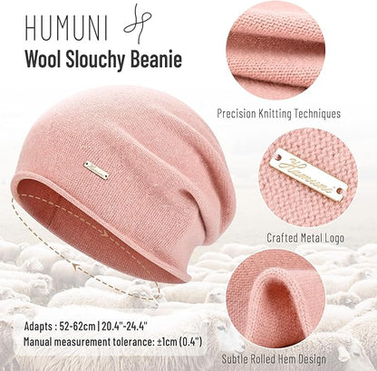 100% Wool Slouchy Beanie, Warm Beanie Hats for Women Breathable Knitting Skull Beanies Cap for Spring Fall Winter
