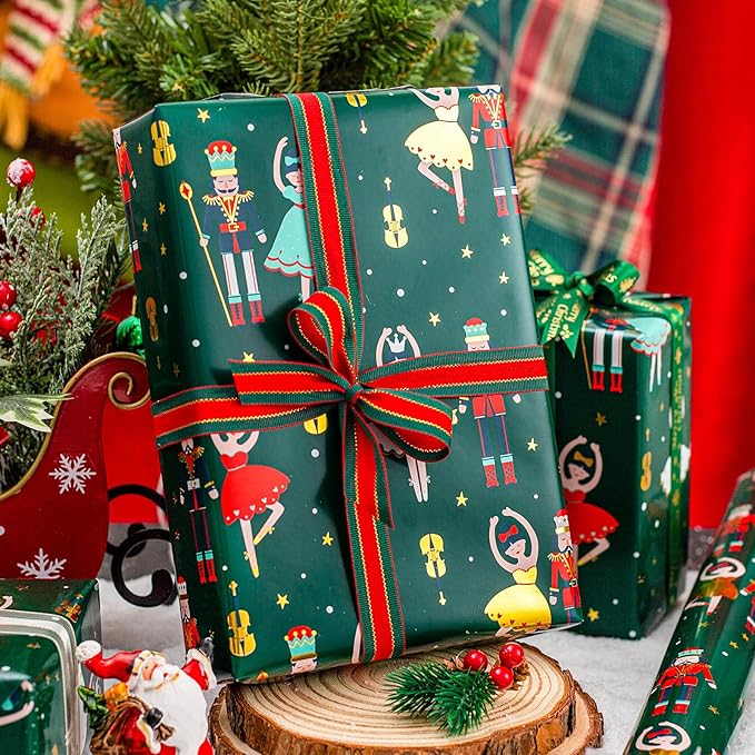 MAYPLUSS Christmas Wrapping Paper Roll - 17 Inch X 33 Feet - Vintage Metallic Foil Green and Gold Nutcracker Ballet Holiday Present Gift Wrap Paper for Christmas, Party, Winter Festive Celebrations