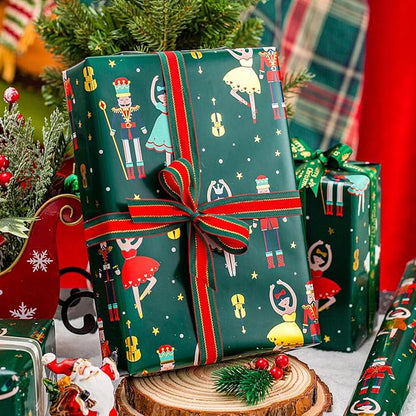 MAYPLUSS Christmas Wrapping Paper Roll - 17 Inch X 33 Feet - Vintage Metallic Foil Green and Gold Nutcracker Ballet Holiday Present Gift Wrap Paper for Christmas, Party, Winter Festive Celebrations