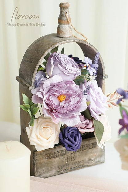 Floroom Lilac Lavender Artificial Flowers Fake Roses Peony and Greenery Combo Box Set for DIY Purple Wedding Bouquets Bridal Shower Centerpieces Floral Arrangements Party Tables Home Decorations