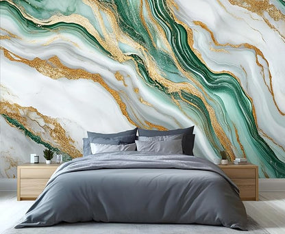 Green Gold Marble Wall Mural, Elegant Marble 3D Wall Murals, Luxury Stone Texture Wallpaper Mural, for Living Room Bedroom Large Wallpaper Indoor Decor 78.7" W x55.1 H