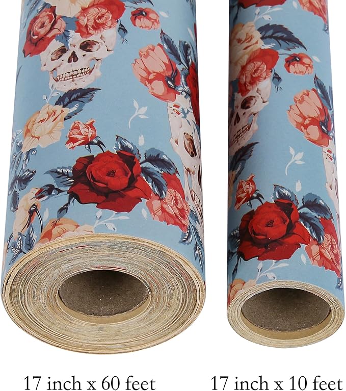 Aimyoo Blue Red Floral Kraft Wrapping Paper Roll, All Occasion Skull Flower Gift Wrap Paper for Birthday Bridal Shower 17 in x 10 ft