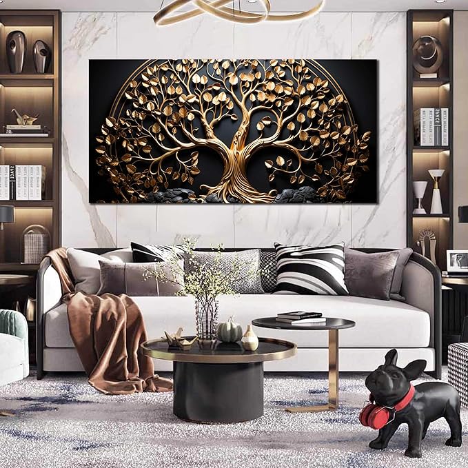 Tree Pictures Wall Decor Bedroom Black and Gold Wall Art for Living Room Large Wall Art for Office Large Size 29" x 58"