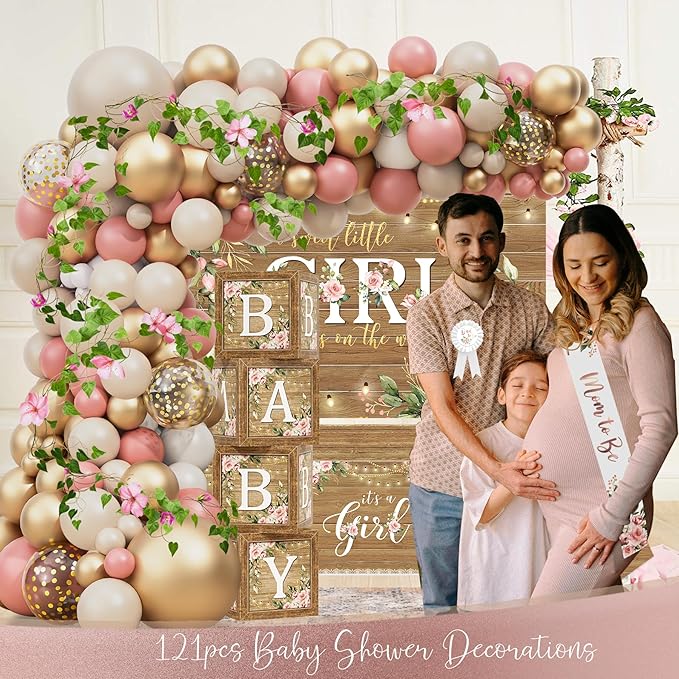 Baby Shower Decoration for Girl, Pink Rose Gold Baby Shower Party Supplies, Floral Gender Reveal Party Decor, Baby Boxes, Mom to Be Sash and Dad to Be Pin, Pink Balloon Arch Backdrop Tablecloth