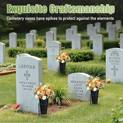 Metal Grave Vase Flower Holder with Spikes Metal Cemetery Vase Flower Holder in ground Decoration with Floral Foam Black for Memorial Markers, Graveside Decor Sign for Outdoor Yard Lawn