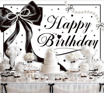 Black Bow Happy Birthday Banner Backdrop 7Wx5H Photography Black White Pearls Bowknot Balloons Girly Female Background Aesthetic Pretty Bday Party Decorations Banner Photo Booth Props Supplies