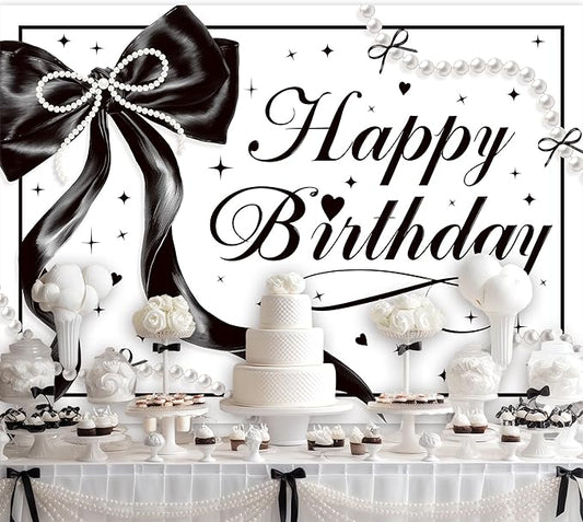Black Bow Happy Birthday Banner Backdrop 7Wx5H Photography Black White Pearls Bowknot Balloons Girly Female Background Aesthetic Pretty Bday Party Decorations Banner Photo Booth Props Supplies