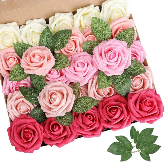 AmyHomie Artificial Flower Seriesa Red Rose 25pcs Real Looking Fake Roses w/Stem for DIY Wedding Bouquets Centerpieces Arrangements Party Baby Shower Valentines Day Christmas Tree Decorations