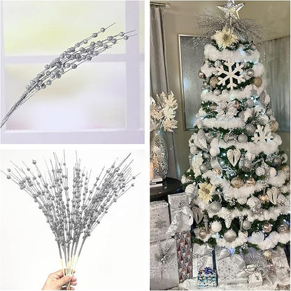 Artificial Berries Stems Ornaments 17 Inch, Sparkling Christmas Tree Picks, Glittery Berry Stems Fake Plant Picks and Branches for Xmas Wreath Ornaments Holiday Home DIY Decor - Silver 10 Pack