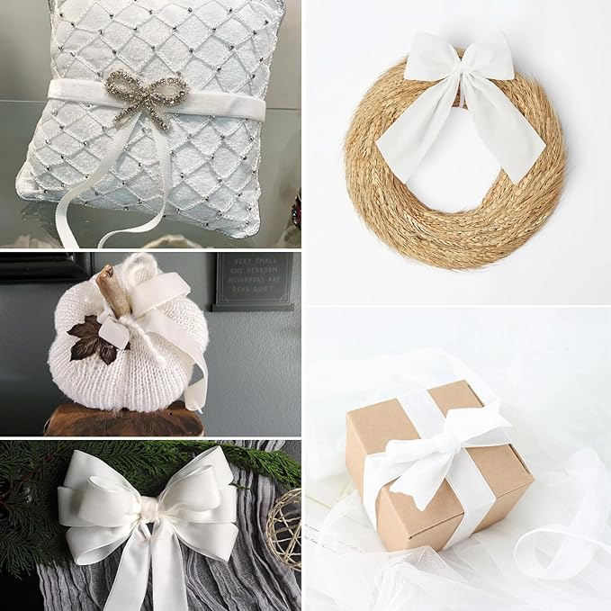 White Velvet Ribbon - 3/8 Inch x 10 Yards for Gift Wrapping, Crafts, Christmas Decor, Bow Making, Vintage Fabric