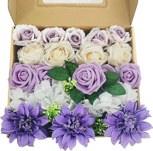 Artificial Fake Flowers 27pcs Roses, Mixed White & Purple Faux Flower for DIY Wedding Bouquet Bridal Shower Centerpieces Floral Arrangements Party Table Home Decorations