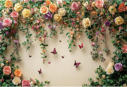 Baocicco 15x10ft Flowers Wall Photography Background Butterfly Spring Floral Botanical Banner Backdrop Vintage Wedding Birthday Backdrop Decorations Girls Party Table Cake Decoration Photo Props