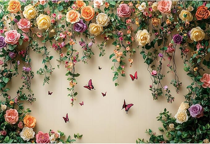 Baocicco 10x8ft Flowers Wall Photography Background Butterfly Spring Floral Botanical Banner Backdrop Vintage Wedding Birthday Backdrop Decorations Girls Party Table Cake Decoration Photo Props