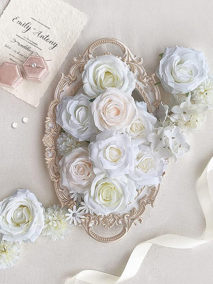 Roses Artificial Flowers White Fake Flower Bulk for DIY Wedding Bouquet Bridal Baby Shower Decorations Party Table Centerpiece Silk Floral Arrangements Home Decor Indoor Cream Ivory Box