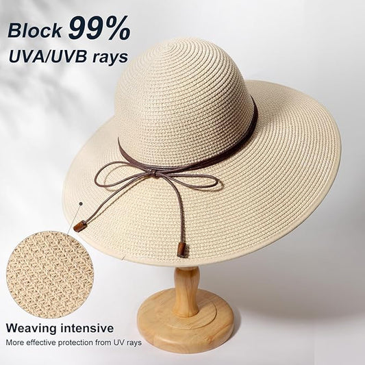 DRESHOW Beach Hats for Women Big Straw Wide Brim Summer Hat Floppy Foldable Roll up Cap Sun Hat UPF 50+