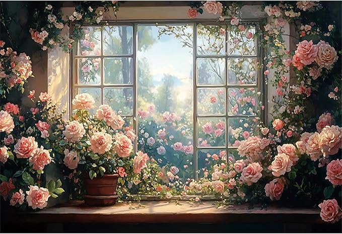 Baocicco 10x6.5ft Window Floral Backdrop Photography Flowers Wedding Bridal Shower Photography Background Retro Oil Painting Flower Banner for Girls Women Birthday Newborn Party Decorations Props
