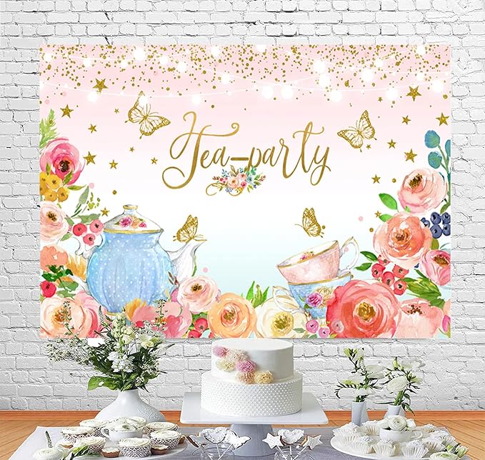 Pink Floral Tea Party Backdrop Glitter Gold Dots Butterfly Lets Partea Photography Background for Women Birthday Bridal Baby Shower Decorations Girls Wonderland Party Banner Photo Booth Supplies 5x3ft