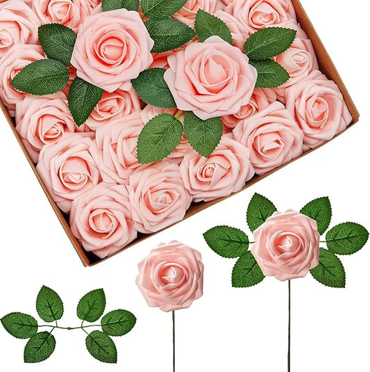 InnoGear Artificial Flowers, 50 Pcs Blush Foam Fake Roses Bulk with Stems for Decoration DIY Wedding Bouquets Centerpieces Bridal Shower Party Christmas Tree