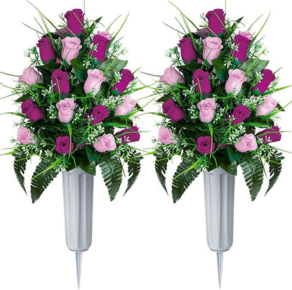 Artificial Cemetery Flowers - Set of 2 Grave Memorial Rose Flowers with Vase for Cemetery Headstones Gravesites Decoration (Purple & Pink)