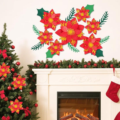 17PCS Christmas Paper Flower Wall Decoration Red Gold Poinsettia Large Flowers Artificial Christmas Flower Window Stickers Flower Window Wall Art Decals for Xmas Party, Living Room Door Xmas Tree
