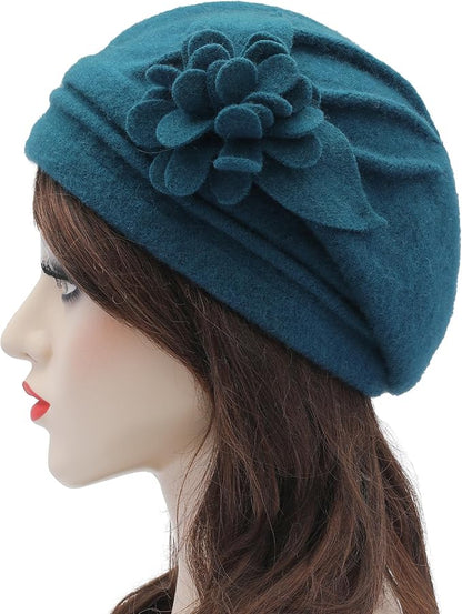 ZLYC Women Wool Cloche Bucket Hat 1920s Vintage Dress Winter Hats with Flower Accent
