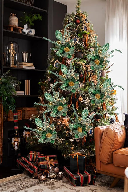 Briful 2PCS Christmas Glitter Magnolia Flowers Picks and Spray with Christmas Balls Ornament Berries Green Leaves Branches for Xmas Tree Wreath Vase Table Centerpiece(Green Gold)