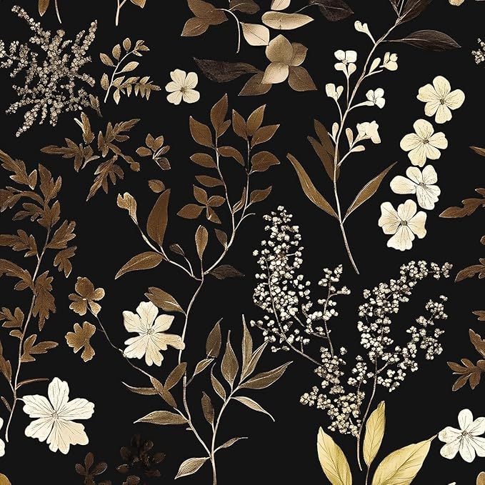 Vintage Leaf Wallpaper Peel and Stick Gold Leaf Contact Paper 17.4" x 393" Black Floral Waterproof Self-Adhesive Wall Covering for Bedroom Countertop Desk Cabinets