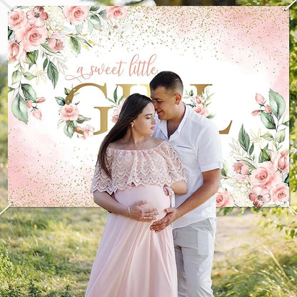 Avezano Girl Baby Shower Backdrop Pink Floral Sweet Baby Baby Shower Banner A Sweet Little Girl is on Her Way Party Decorations Banner (8x6ft)