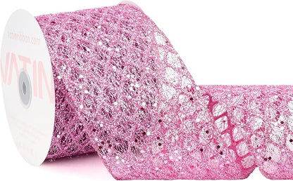 VATIN 4" Pink Christmas Ribbon, Pink Glitter Mesh Diamond Web Sequin Dots Wired Christmas Ribbon for Gift Wrapping Bow Making Wreath Supply-10 Yards
