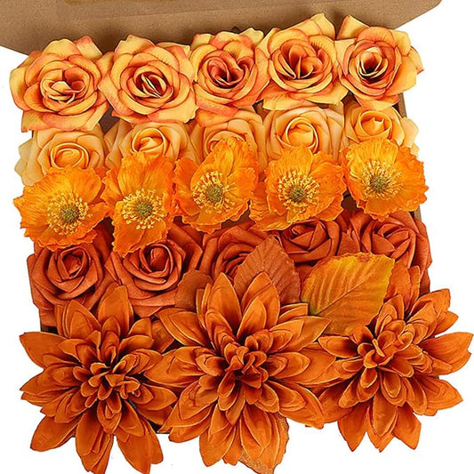 ASTRYAS Orange Artificial Flowers Combo Set, Orange Peonies Dalia Flower for DIY Wedding Bouquet Bridal Baby Shower Decorations Party Table Centerpieces Cake Silk Floral Arrangement Home Decor