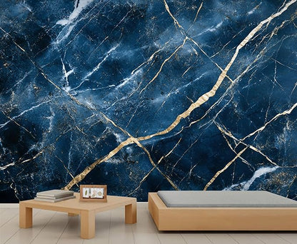 Blue Marble Wall Mural, Gold Vein Marble 3D Wall Murals, Luxury Navy Stone Wallpaper Mural, for Living Room Bedroom Large Wallpaper Indoor Decor 157.5" W x110.3 H