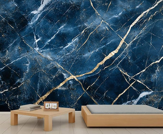 Blue Marble Wall Mural, Gold Vein Marble 3D Wall Murals, Luxury Navy Stone Wallpaper Mural, for Living Room Bedroom Large Wallpaper Indoor Decor 157.5" W x110.3 H