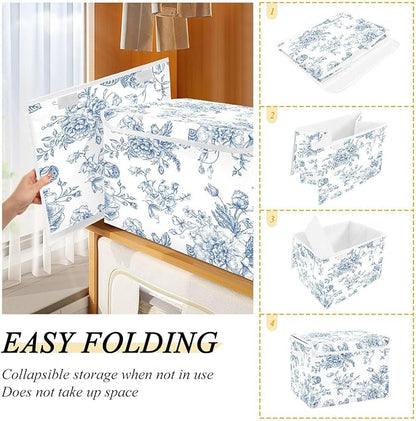 susiyo Bouquet Of Blue Flowers Floral Storage Bin Large Collapsible Storage Box Stackable design Fabric Storage Bins with Lids Decorative Multi-Color Foldable Organizing Baskets For Closet, Utility Ro