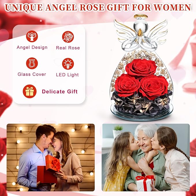 Beferr Christmas Birthday Gifts for Women, Mom Gifts for Christmas Fresh Flowers for Delivery Prime Forever Preserved Rose in Glass Angel Figurine Xmas Gifts for Grandma Wife Sister Her, Black & Red