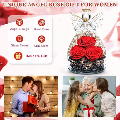 Beferr Christmas Birthday Gifts for Women, Mom Gifts for Christmas Fresh Flowers for Delivery Prime Forever Preserved Rose in Glass Angel Figurine Xmas Gifts for Grandma Wife Sister Her, Black & Red