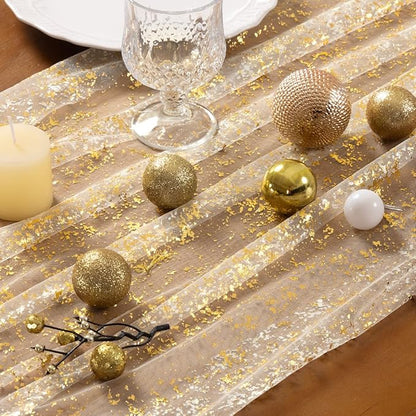 Socomi Gold Table Runner Christmas Gauze Sheer Chiffon Cheesecloth Sequin 10FT Glitter Metallic Foil Dining Wedding Birthday Party Fall Winter Anniversary Holiday Centerpiece Table Decor Beige