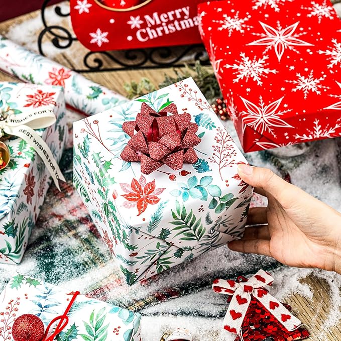 Yarcony Christmas Wrapping Paper, Holly Wrapping Paper, Vintage Watercolor Poinsettia, Floral Botanical & Winter Green Pattern Neutral Christmas Gift Wrap for Holiday, Celebration (17 Inch x 33 Feet)