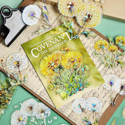 Dandelion Floral PET Stickers Set, 60PCS Holographic Botanical Flower Stickers for Scrapbooking, Journaling, DIY Crafts, and Art Supplies