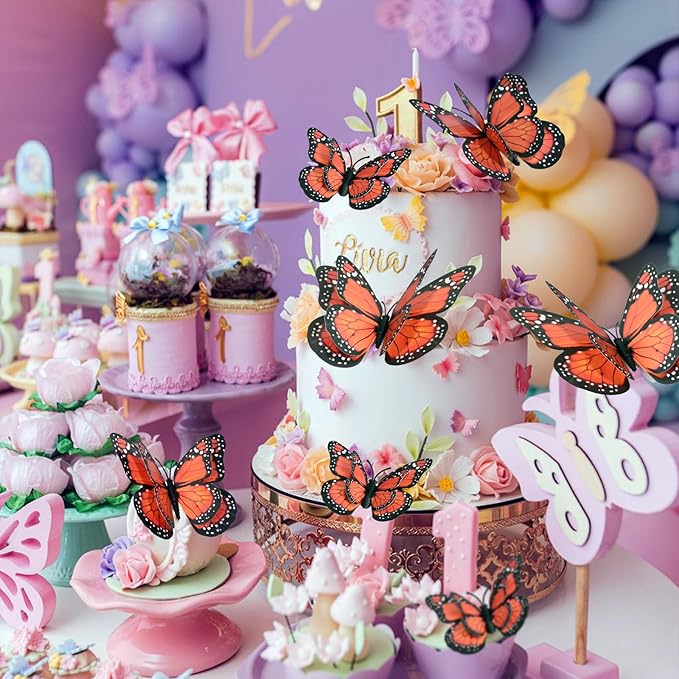 SAOROPEB 3D Butterfly Wall Decor, 24 Pcs Double Layer Butterfly Decorations for Party Decorations Locker Decor Refrigerator Decal, Reusable (Monarch)
