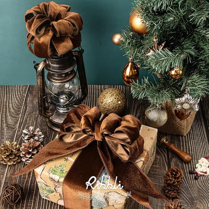 Ribbli Brown Velvet Wired Ribbon 1.5 Inch Velvet with Satin Christmas Ribbon for Gift Wrapping Christmas Tree Decoration Crafts Wreaths Supplies-Continuous 10 Yards