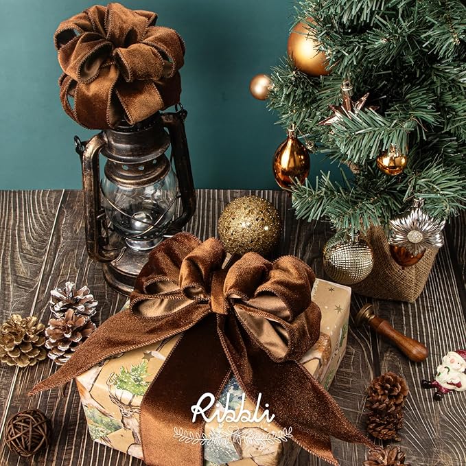 Ribbli Brown Velvet Wired Ribbon 2.5 Inch Velvet with Satin Christmas Ribbon for Gift Wrapping Christmas Tree Decoration Crafts Wreaths Supplies-Continuous 10 Yards